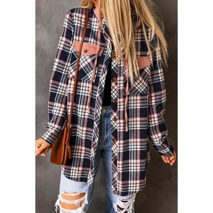 Pink Contrast Hooded Drawstring Plaid Shacket