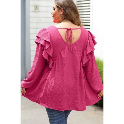 Pink Crinkle Ruffled V Neck Plus Size Blouse