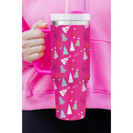 Rose Red Cartoon Christmas Tree Printed Thermos Cup