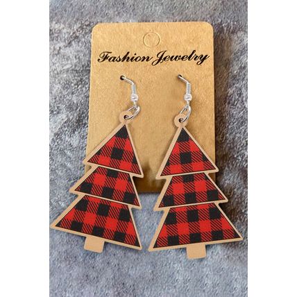 Fiery Red Plaid Christmas Tree Wooden Pendant Earrings