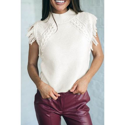 White Woven Tasseled Sleeveless Mock Neck Sweater Vest