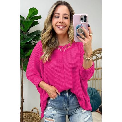 Rose Red Textured Center Seam Long Sleeve Split Top