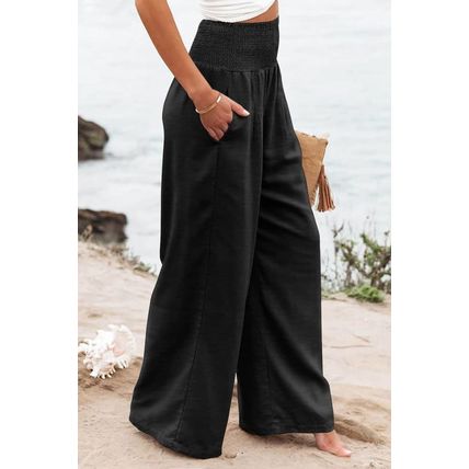 Black Shirred High Waist Plus Size Wide Leg Pants