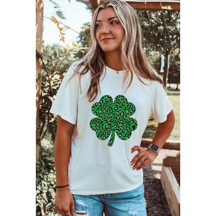 White Leopard Four Leaf Clover Graphic Tee