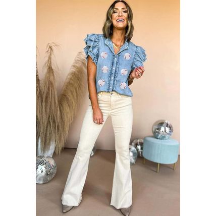 Beau Blue Sequin Baseball Graphic Button Up Ruffled Sleeve Frayed Denim Top
