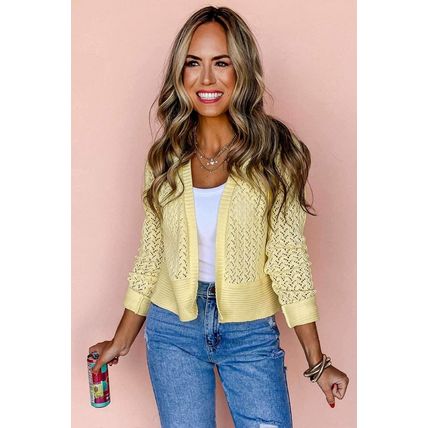 Yellow Cream Pointelle Knit Open Front Short Cardigan