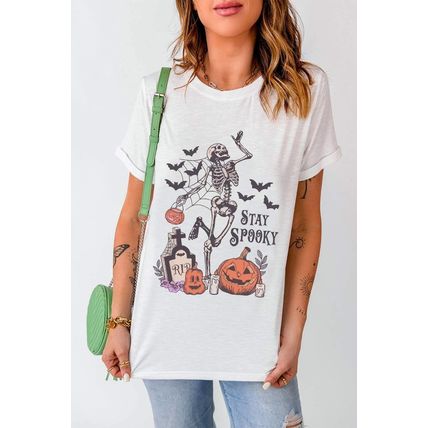 White Skull Pumpkin Face STAY SPOOKY Graphic Halloween T Shirt