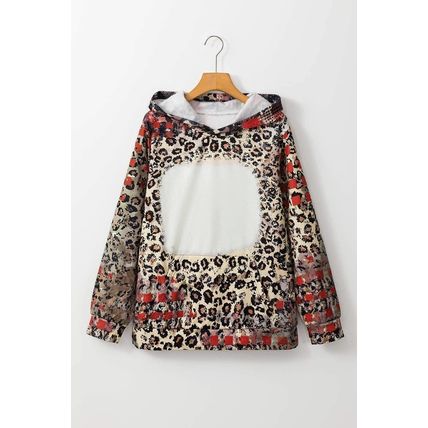 Brown Leopard Plaid Bleached Print Kangaroo Pocket Hoodie
