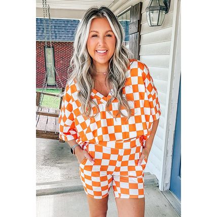 Orange Checkerboard Print V Neck Loose Tee and Shorts Lounge Set