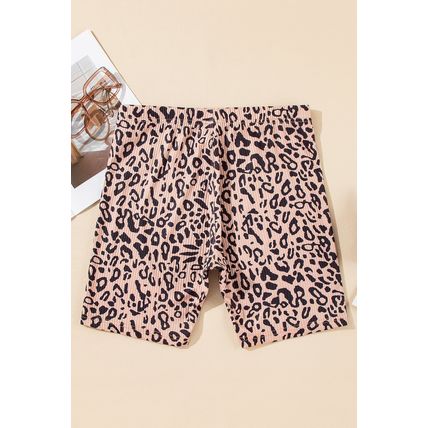 Khaki Leopard Print Ribbed Textured Knit Biker Shorts