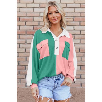 Pink Colorblock Ribbed Collared Oversized Sweatshirt