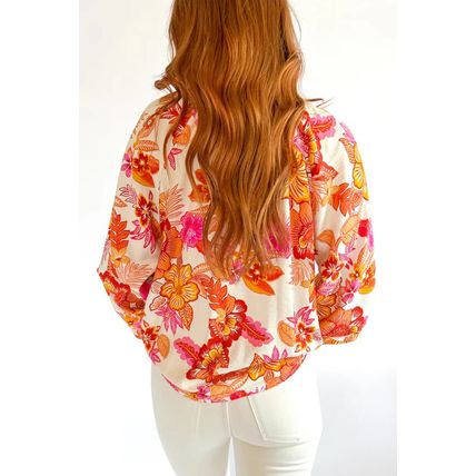 Orange Floral Print Pearl Button Keyhole Long Puff Sleeve Blouse