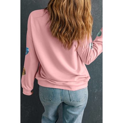 Pink Sequin Romantic Letters Heart Graphic Valentines Sweatshirt