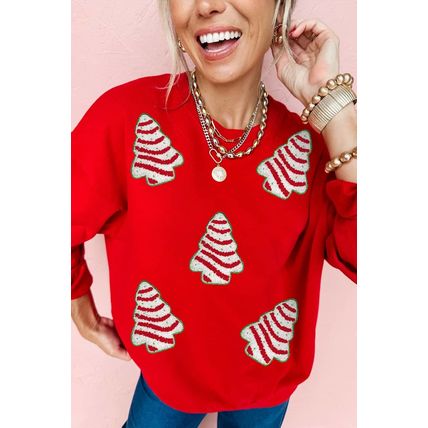 Red Playful Christmas Tree Patched Dropped Shoulder Sweatshirt