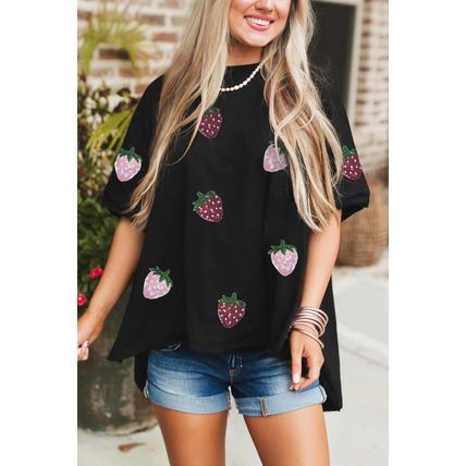Black Sequin Strawberry Graphic High Low Relaxed Fit Tee