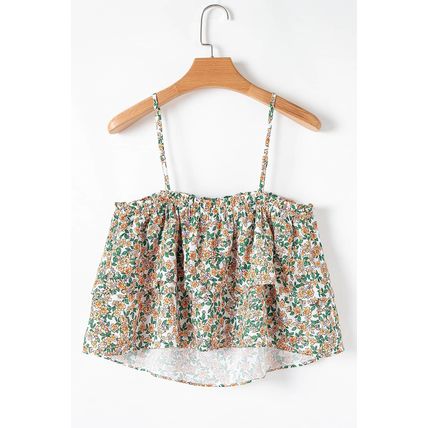 White Boho Floral Spaghetti Strap Ruffle Summer Tank Top