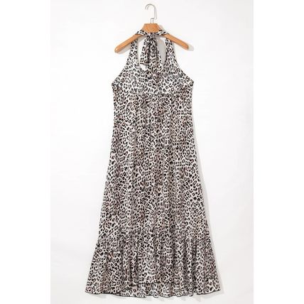 Brown Leopard Printed Halter Neck Backless Ruffled Hem Maxi Dress