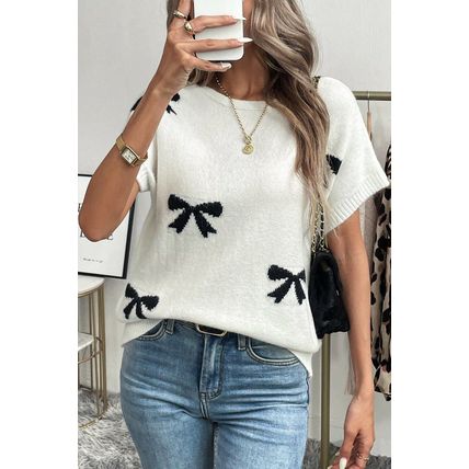White Bow Pattern Knit Short Sleeve Sweater