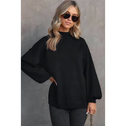 Black Turtleneck Drop Shoulder Bubble Sleeve Knit Sweater
