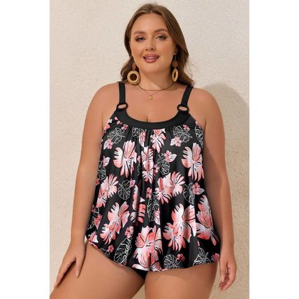 Black 2pcs Plus Size Wide Strap Floral Top Tankini Set