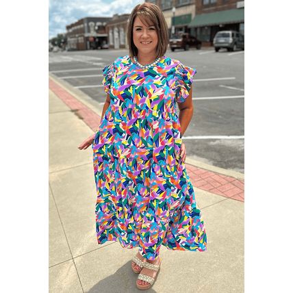 Blue Geometric Print Ruffled Short Sleeve Plus Size Tiered Maxi Dress