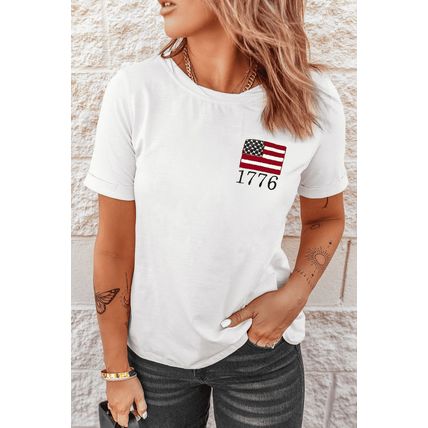 White American Flag 1776 Embroidered Pattern Crew Neck Tee