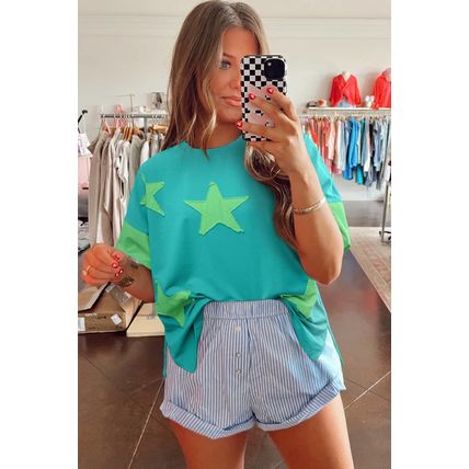 Aruba Blue Frayed Denim Star Patched Oversize T Shirt