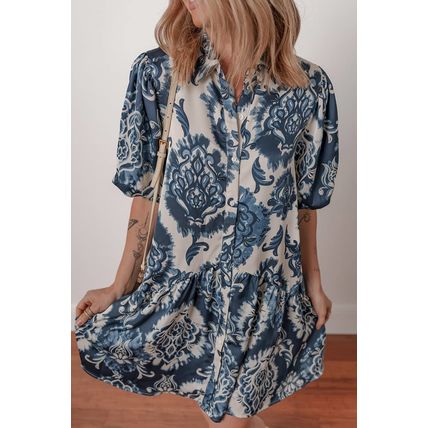 Blue Boho Floral Print Buttoned Collared Loose Fit Mini Dress