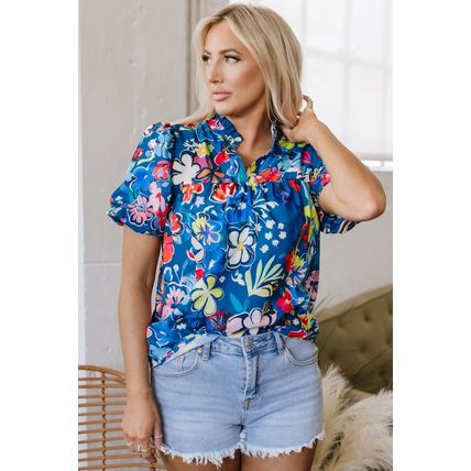 Blue Flower Print Collared V Neck Puff Short Sleeve Loose Blouse