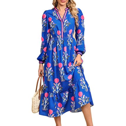 Blue Floral Print Striped Trim Split Neck Long Sleeve Ruffle Hem Midi Dress