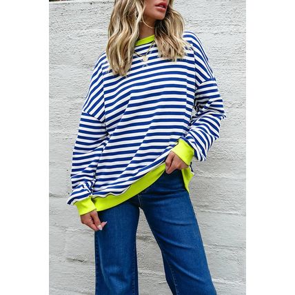 Sky Blue Stripe Striped Contrast Ribbed Trim Crossed Stitch Drop Shoulder Sweats