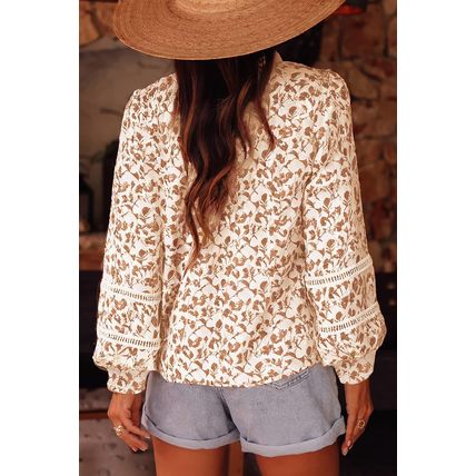 Khaki Printed Lace Detail Floral Puff Sleeve Fall Shirt