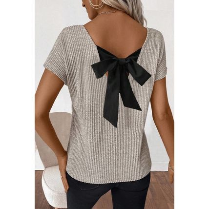 Gray Morn Ribbed Short Sleeve V Neck Colorblock Bow Back Top