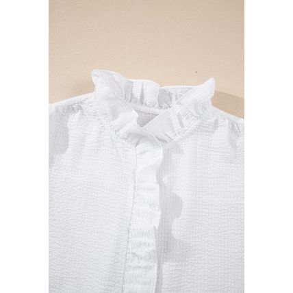 White Striped Ruffle Short Bubble Sleeve Shirt
