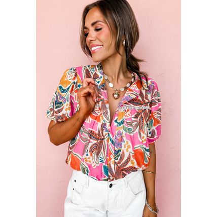 Rose Tropical Vacation Vibe Printed Button Up Short Sleeve Shirt