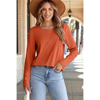 Red Clay Asymmetric Seam Detail Solid Color Long Sleeve Top