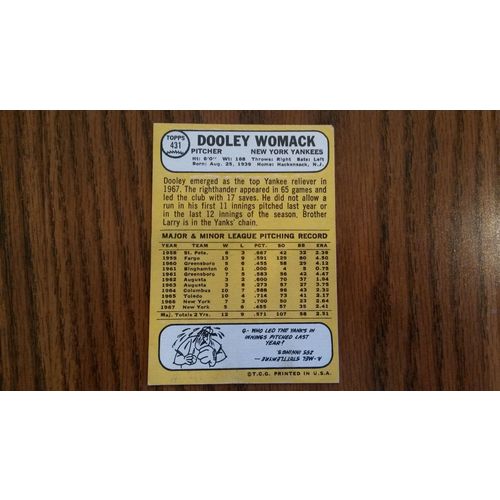 1968 Topps Card # 431 Dooley Womack Very Good (3) New York Yankees