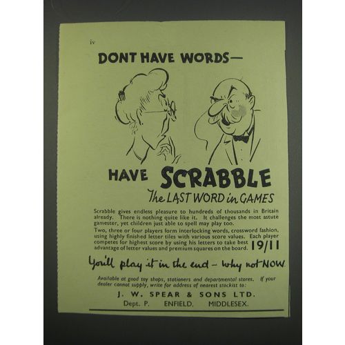 1955 J.W. Spear & Sons Scrabble Game Ad - Don't have words - have Scrabble