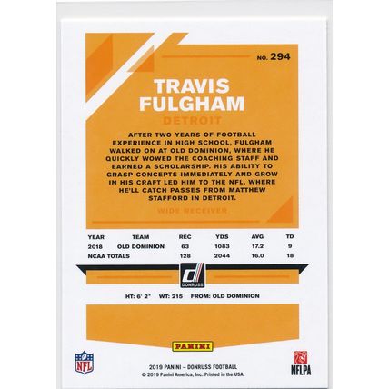 2019 Donruss Football Base 294 Travis Fulgham RC Detroit Lions