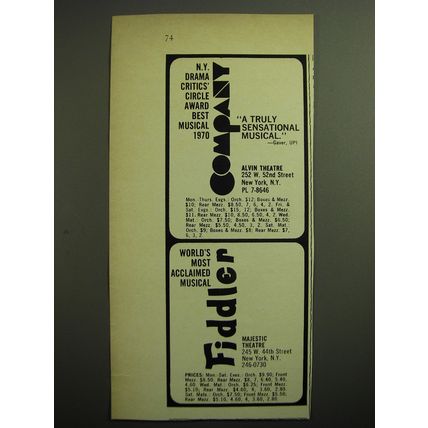 1970 Company and Fiddler on the Roof Musicals Advertisement
