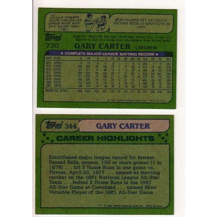 TWO 1982 Topps Gary Carter cards #730 & #344 All Star