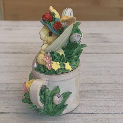 Vintage Bunny Rabbit Watering Can Lidded Trinket Box Tulips Roses Sun Bonnet Hat