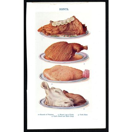 JOINTS - Haunch of Venison - COOKERY - MRS BEETON 1907 CHROMOLITHOGRAPH