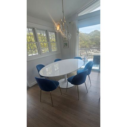 78” White Oval Pedestal Stem Dining Table with Lacquered Wood Top