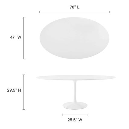 78” White Oval Pedestal Stem Dining Table with Lacquered Wood Top