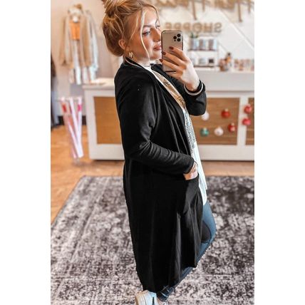 Black Solid Color Open Front Cardigan with Pocket