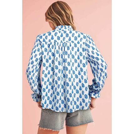 Sky Blue Boho Floral Printed Lantern Sleeve Frilled Neck Shirred Shirt