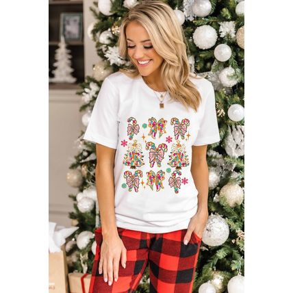 White Christmas Tree Bow Knot Print Round Neck T Shirt