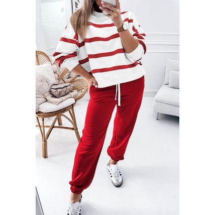Red Stripe Drop Shoulder Pullover and Jogger Pants Set