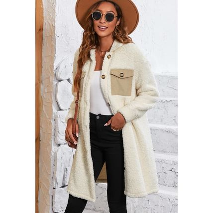 Beige Contrast Flap Pocket Single Breasted Teddy Coat